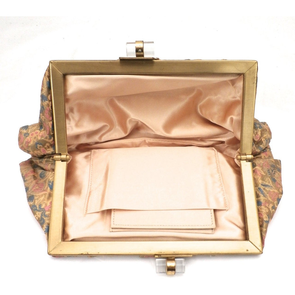 Vintage Evening Bag Metallic Silk Damask Clutch Purse 1930s Lucite Clasp Handbags,New Arrivals vendor-unknown