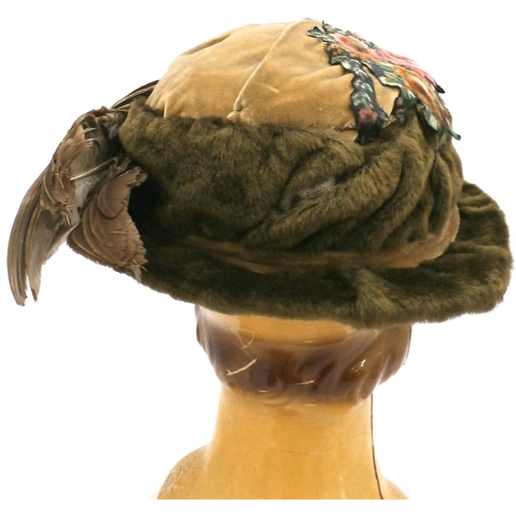 Antique Hat Edwardian Ladies Toque Mohair Birdwings Feathers Floral Applique Large Hats,New Arrivals,Women's The Best Vintage Clothing