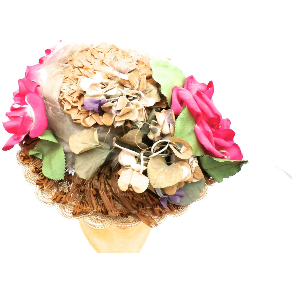 Lovely Antique Hat 1870s Womens Straw Brimmed Hat With Flowers Hats,New Arrivals,Women's The Best Vintage Clothing