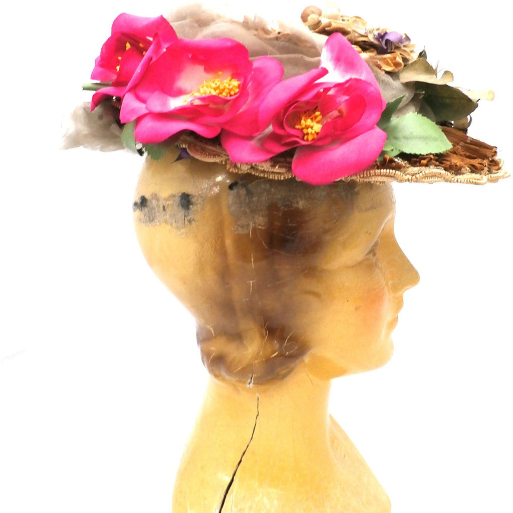 Lovely Antique Hat 1870s Womens Straw Brimmed Hat With Flowers Hats,New Arrivals,Women's The Best Vintage Clothing