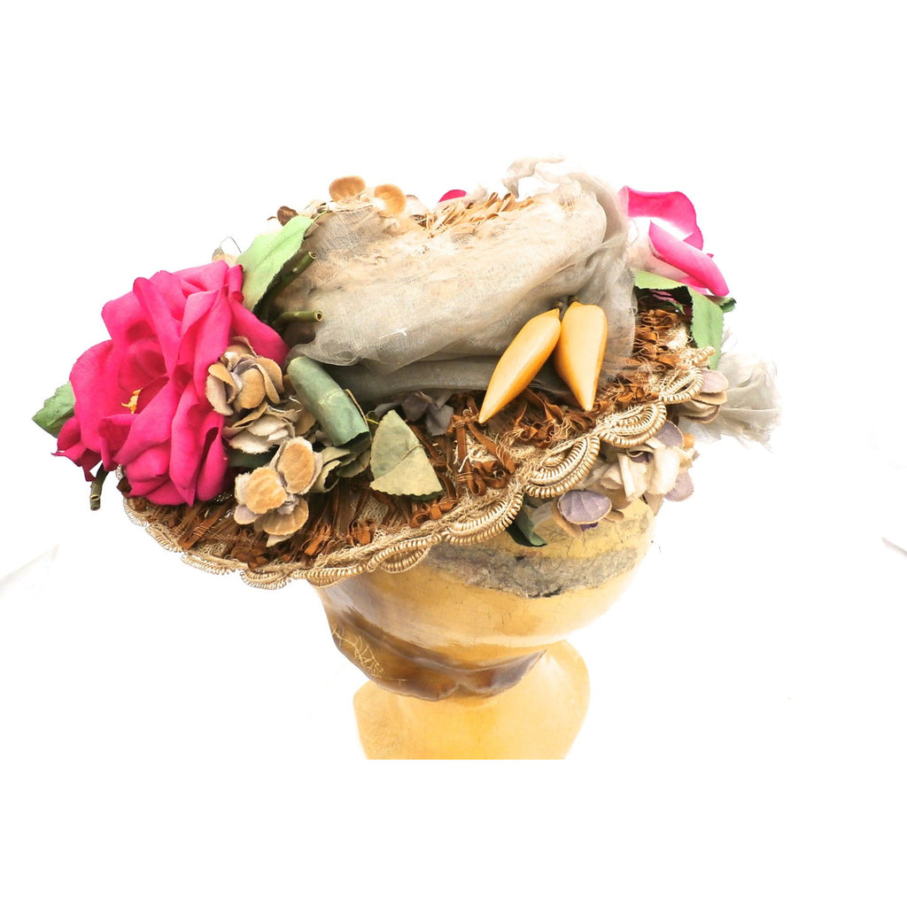 Lovely Antique Hat 1870s Womens Straw Brimmed Hat With Flowers Hats,New Arrivals,Women's The Best Vintage Clothing