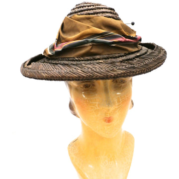 Antique Late Victorian Straw Hat Summer Dark Brown Colorful Watered Silk Ribbon The Best Vintage Clothing
