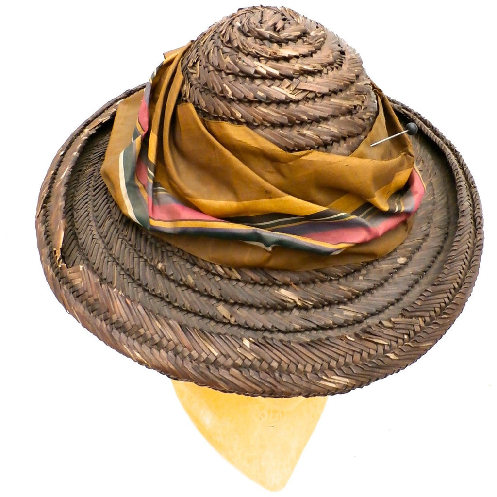 Antique Late Victorian Straw Hat Summer Dark Brown Colorful Watered Silk Ribbon The Best Vintage Clothing