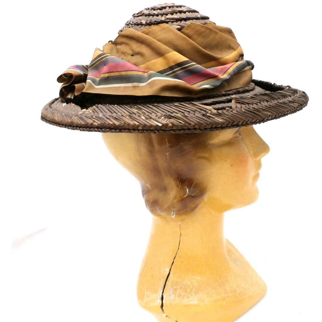 Antique Late Victorian Straw Hat Summer Dark Brown Colorful Watered Silk Ribbon The Best Vintage Clothing
