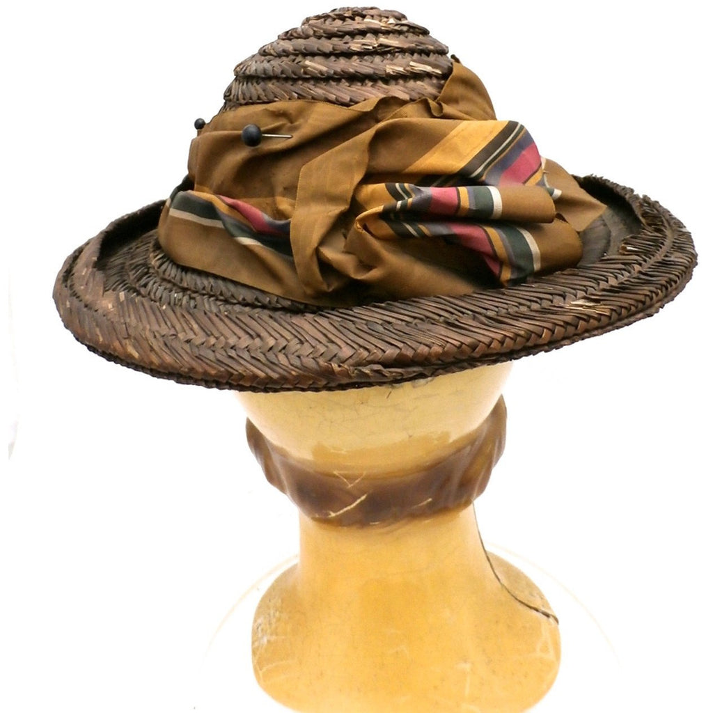 Antique Late Victorian Straw Hat Summer Dark Brown Colorful Watered Silk Ribbon The Best Vintage Clothing