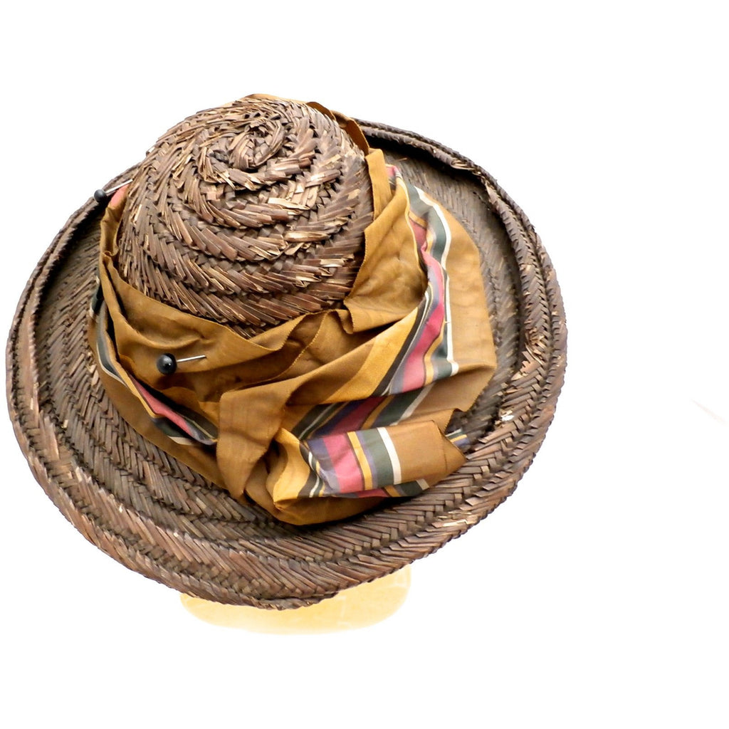 Antique Late Victorian Straw Hat Summer Dark Brown Colorful Watered Silk Ribbon The Best Vintage Clothing