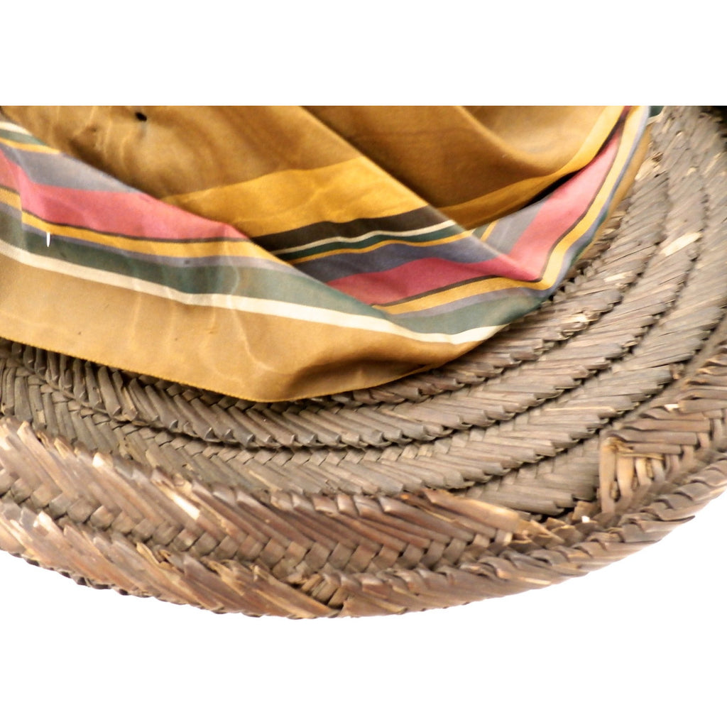 Antique Late Victorian Straw Hat Summer Dark Brown Colorful Watered Silk Ribbon The Best Vintage Clothing