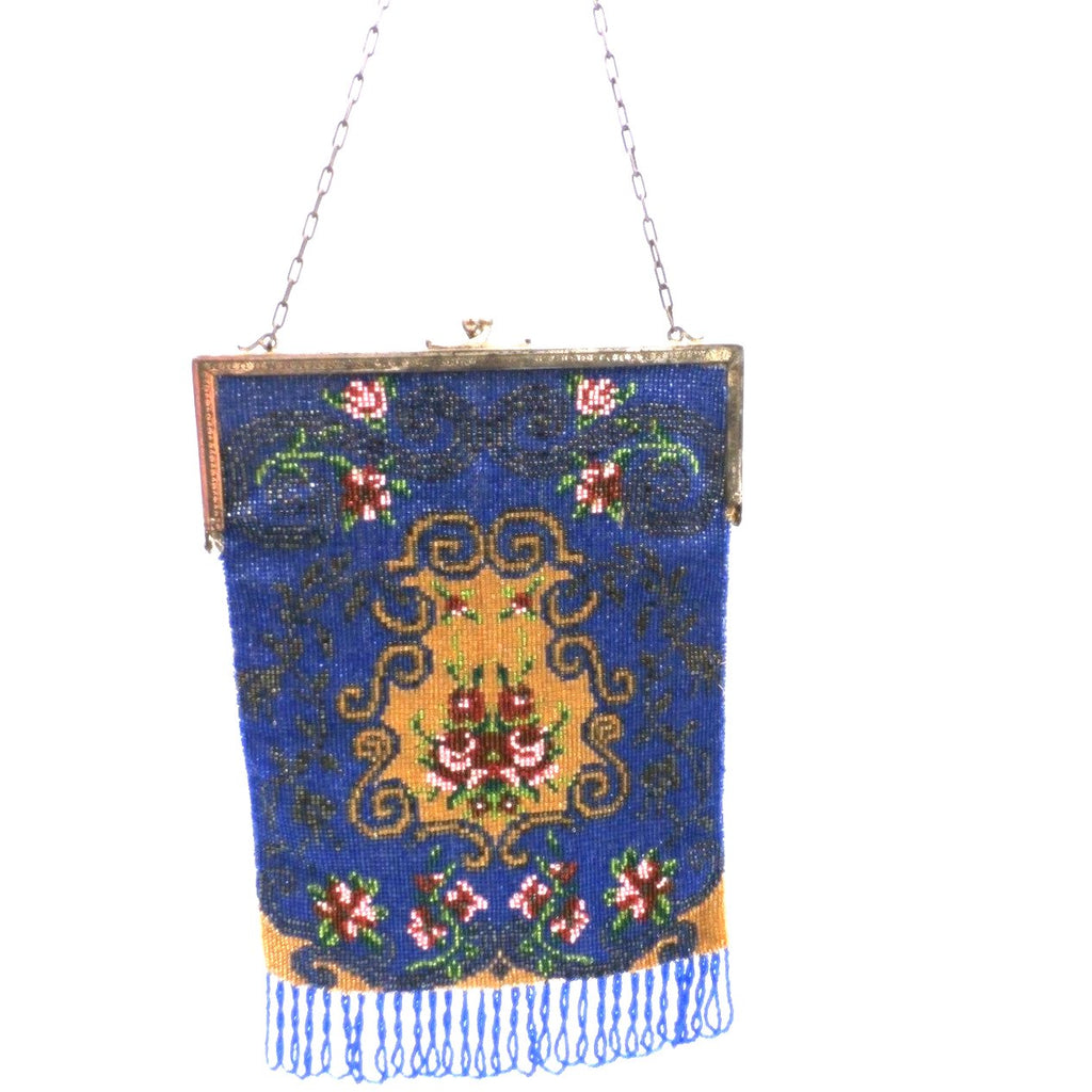 Antique Lady's Beaded Bag Purse Victorian Blue Red Roses Large Beautiful Downton Handbags,New Arrivals The Best Vintage Clothing