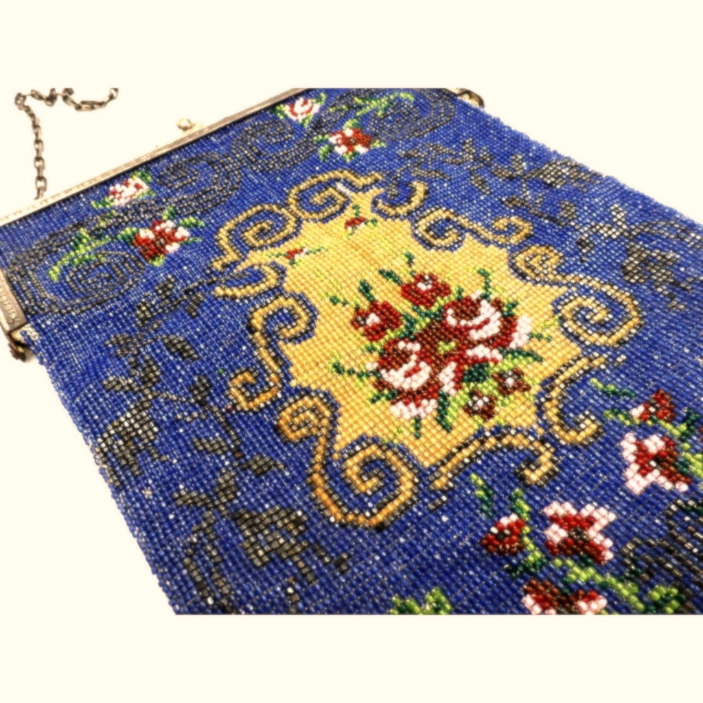 Antique Lady's Beaded Bag Purse Victorian Blue Red Roses Large Beautiful Downton Handbags,New Arrivals The Best Vintage Clothing