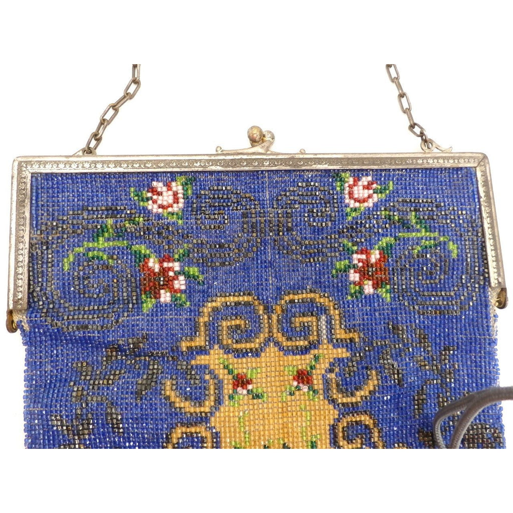 Antique Lady's Beaded Bag Purse Victorian Blue Red Roses Large Beautiful Downton Handbags,New Arrivals The Best Vintage Clothing