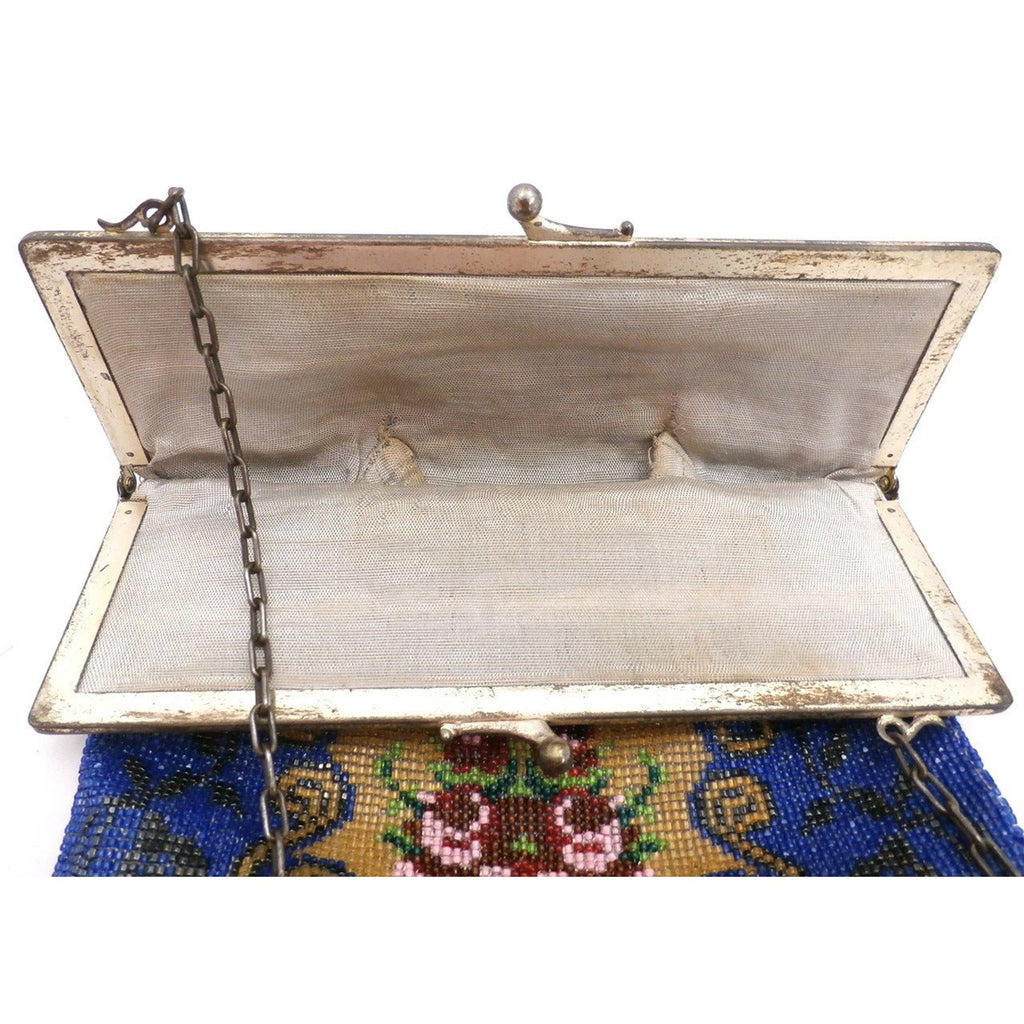 Antique Lady's Beaded Bag Purse Victorian Blue Red Roses Large Beautiful Downton Handbags,New Arrivals The Best Vintage Clothing