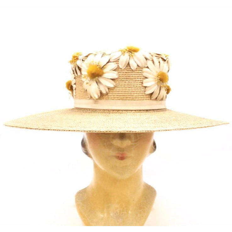 Gorgeous Antique Straw Hat Wide Brim Womens Victorian Daisies Applique Large - The Best Vintage Clothing
 - 1
