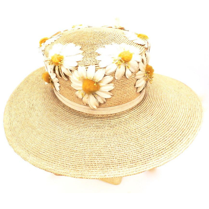 Gorgeous Antique Straw Hat Wide Brim Womens Victorian Daisies Applique Large womens hat The Best Vintage Clothing