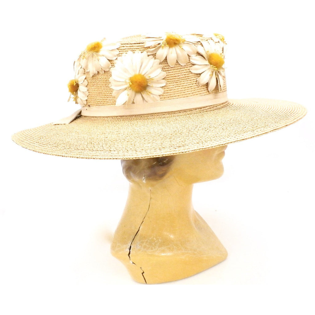 Gorgeous Antique Straw Hat Wide Brim Womens Victorian Daisies Applique Large womens hat The Best Vintage Clothing