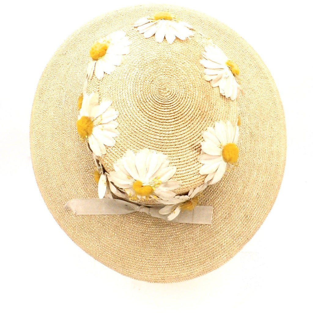 Gorgeous Antique Straw Hat Wide Brim Womens Victorian Daisies Applique Large womens hat The Best Vintage Clothing