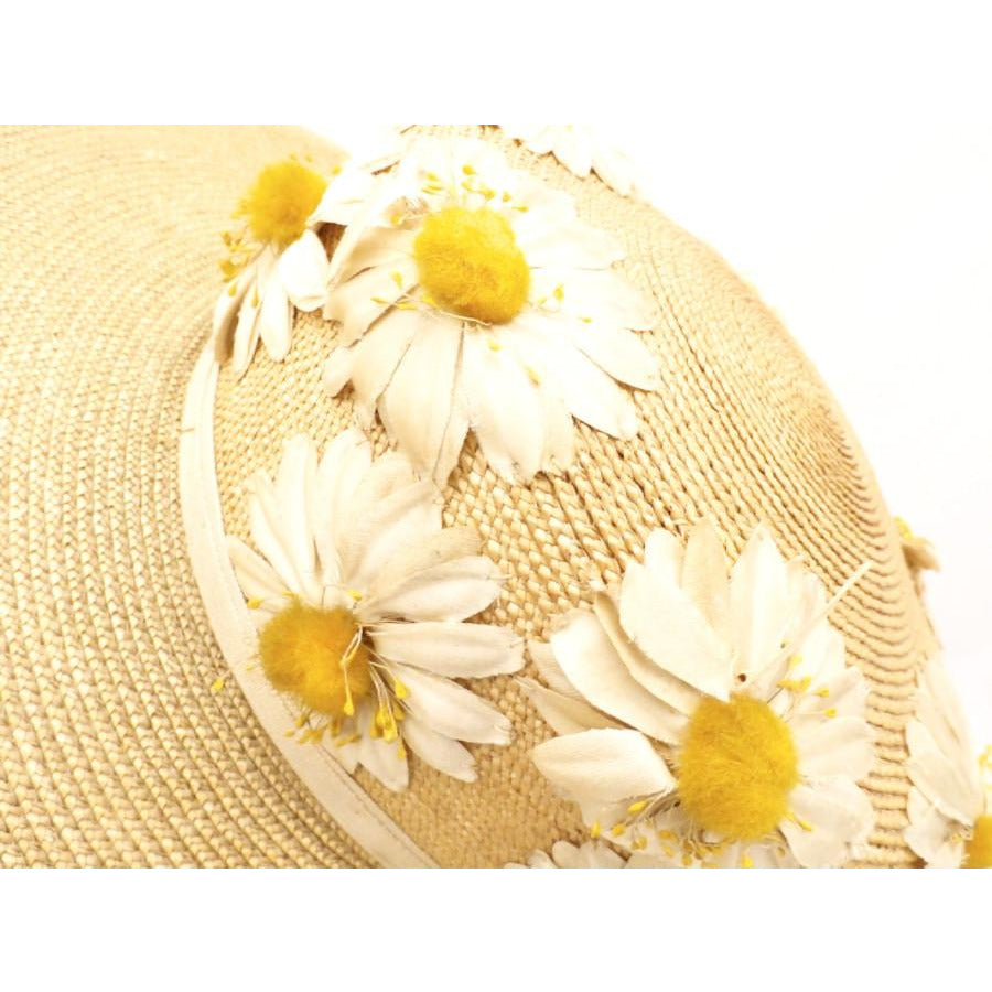 Gorgeous Antique Straw Hat Wide Brim Womens Victorian Daisies Applique Large womens hat The Best Vintage Clothing