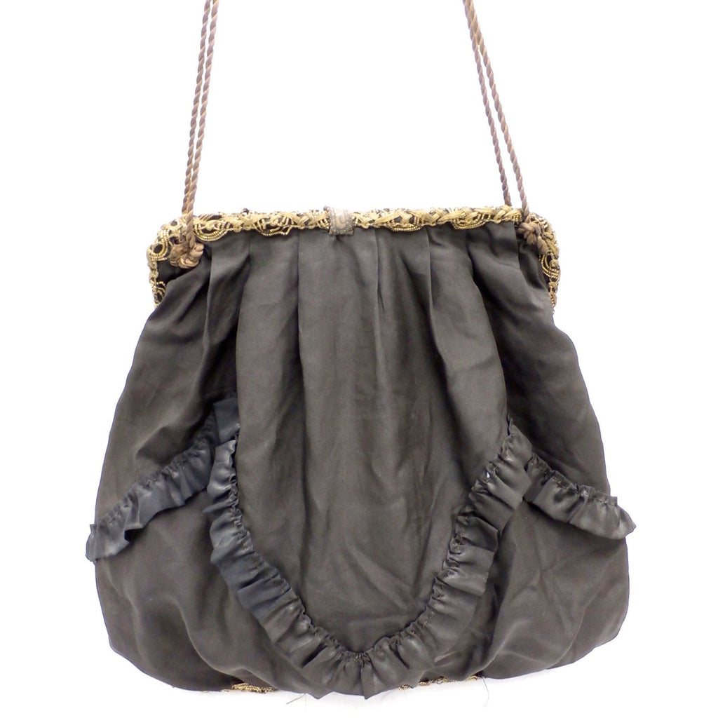 Rare Antique Victorian Handbag Purse Satchel Large Gold Bullion Trim Black Silk Handbags The Best Vintage Clothing