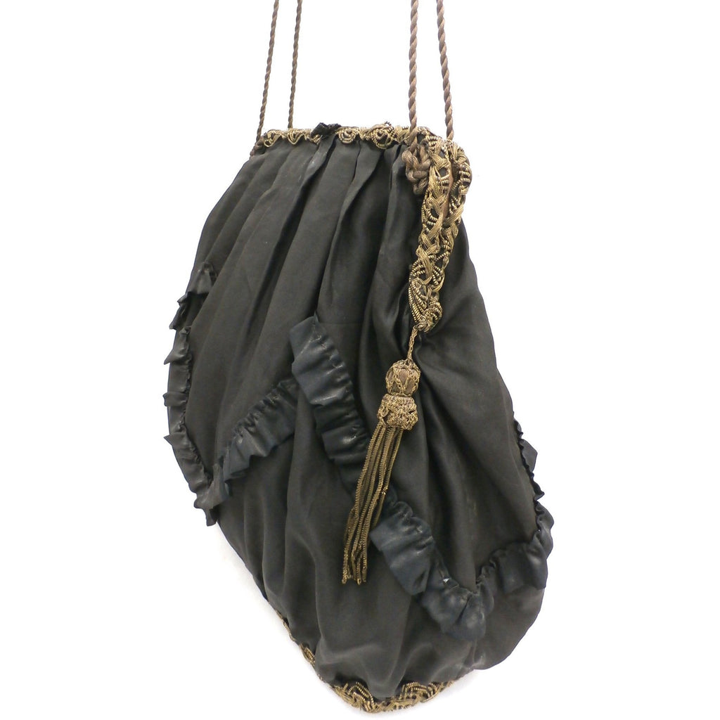Rare Antique Victorian Handbag Purse Satchel Large Gold Bullion Trim Black Silk Handbags The Best Vintage Clothing