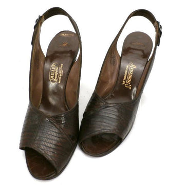 Vintage Ladies Peep-Toe Slingback Heels Brown Lizagator Size 9 3 1/2" Heel 1940s - The Best Vintage Clothing
 - 1