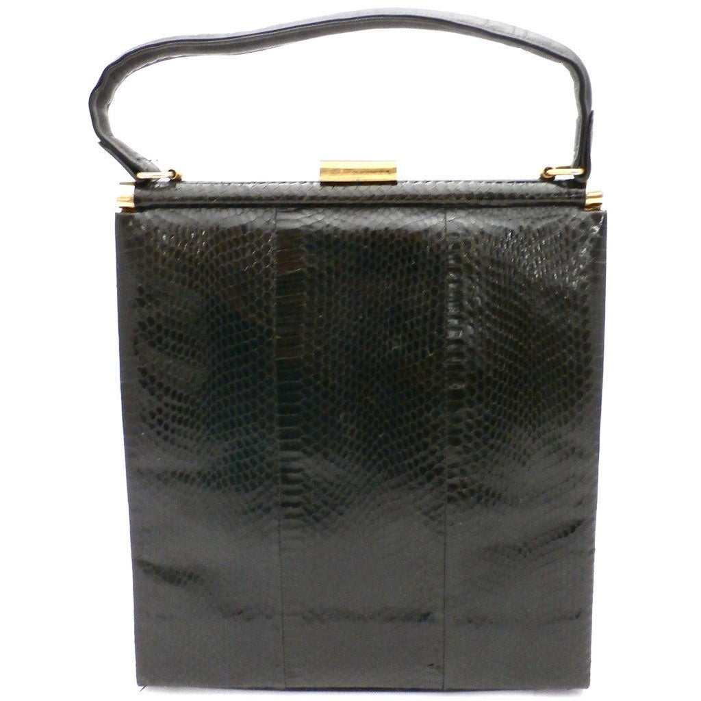 Vintage Tall Black Snakeskin Handbag Purse XL Hand Made Italy 1960s Handbags,New Arrivals vendor-unknown