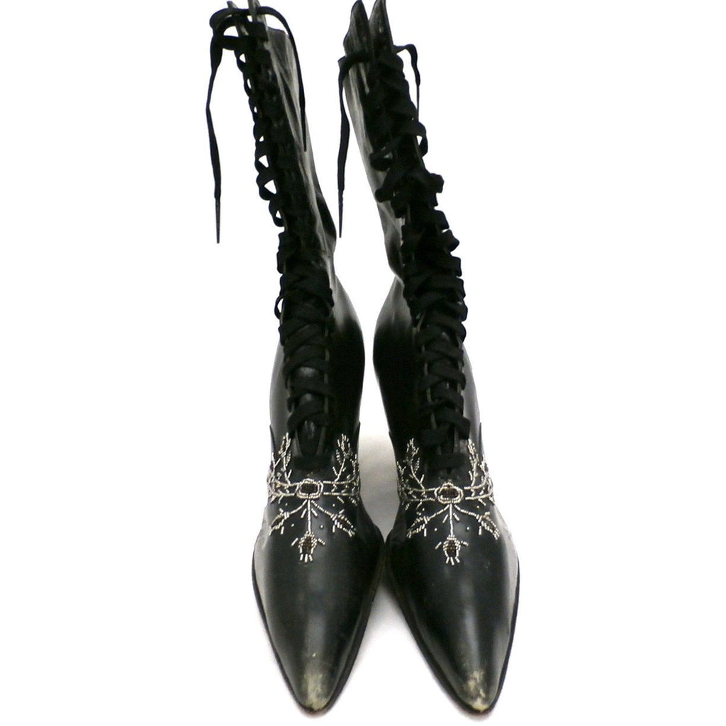 Antique Vintage Black Leather Spool Heel Boots Beaded Vamp Sz 5 New Arrivals,Shoes The Best Vintage Clothing