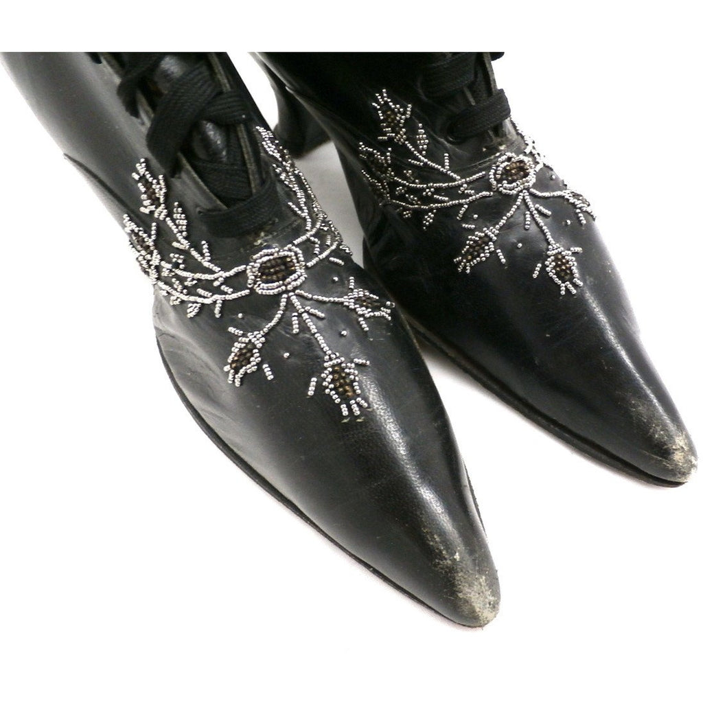 Antique Vintage Black Leather Spool Heel Boots Beaded Vamp Sz 5 New Arrivals,Shoes The Best Vintage Clothing