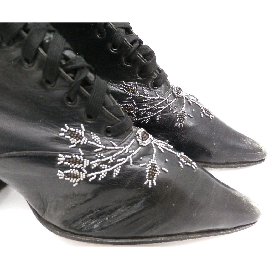Antique Vintage Black Leather Spool Heel Boots Beaded Vamp Sz 5 New Arrivals,Shoes The Best Vintage Clothing