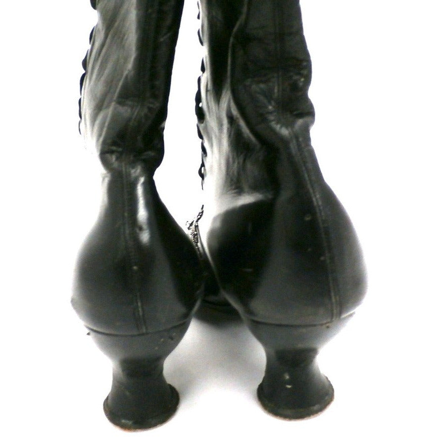 Antique Vintage Black Leather Spool Heel Boots Beaded Vamp Sz 5 New Arrivals,Shoes The Best Vintage Clothing