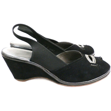 Vintage 1940s Shoes Wedge Slingback Black Suede Peep Toe Womens 6.5 - The Best Vintage Clothing
 - 1