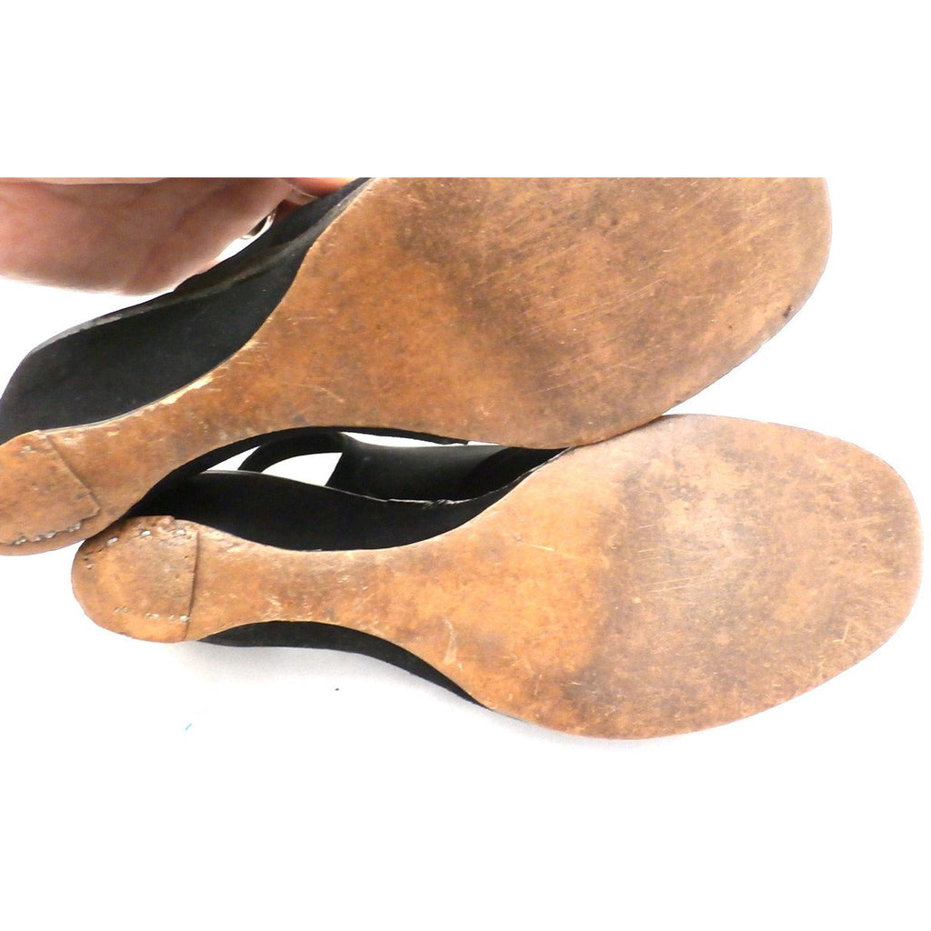 Vintage 1940s Shoes Wedge Slingback Black Suede Peep Toe Womens 6.5 New Arrivals,Shoes The Best Vintage Clothing