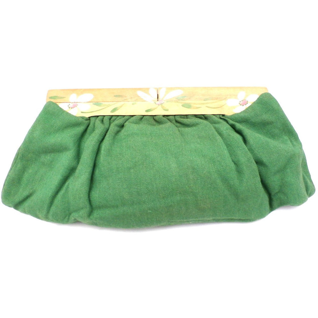 Vintage Green Linen Clutch Purse Hand Painted Wood Frame 1940s Handbags,New Arrivals vendor-unknown