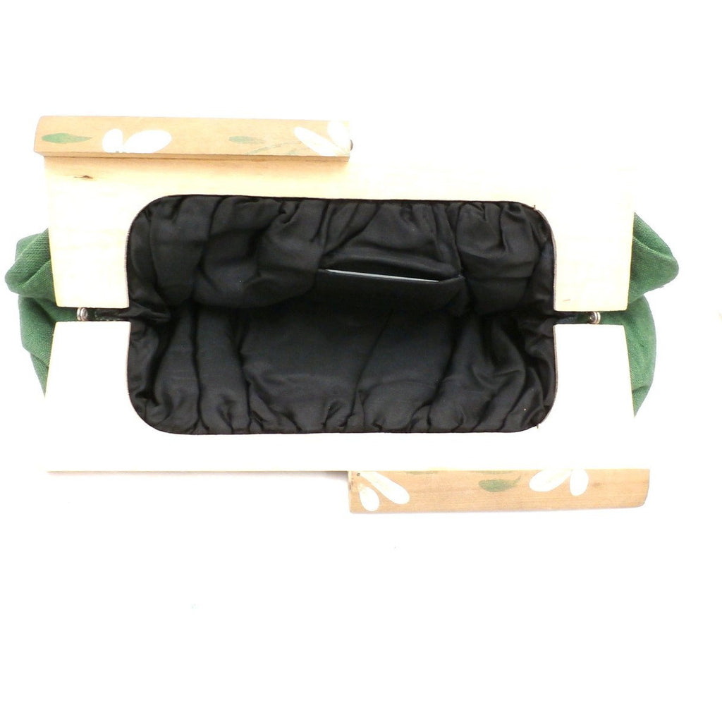 Vintage Green Linen Clutch Purse Hand Painted Wood Frame 1940s Handbags,New Arrivals vendor-unknown