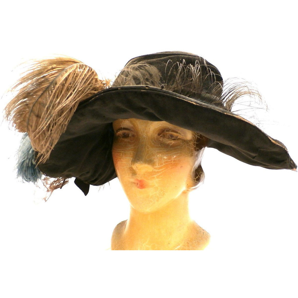 Antique Victorian Wide Brim Hat Feathers Brown Velvet Large Ruth E. Miller Hats,New Arrivals The Best Vintage Clothing