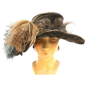 Antique Victorian Wide Brim Hat Feathers Brown Velvet Large Ruth E. Miller Hats,New Arrivals The Best Vintage Clothing