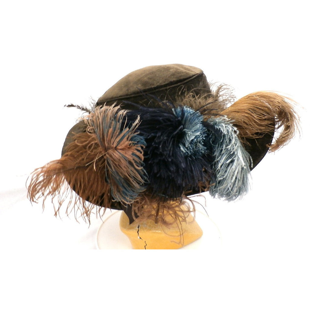 Antique Victorian Wide Brim Hat Feathers Brown Velvet Large Ruth E. Miller Hats,New Arrivals The Best Vintage Clothing