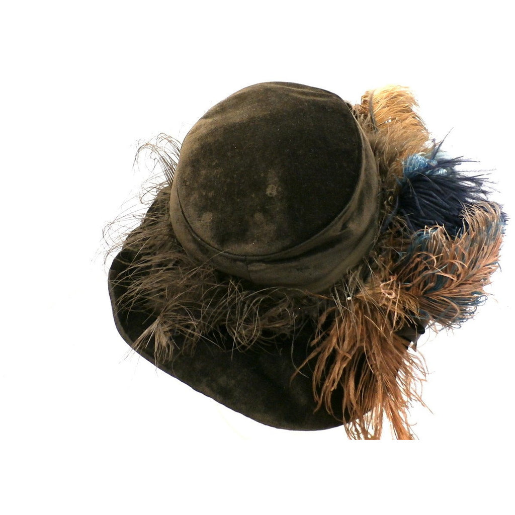 Antique Victorian Wide Brim Hat Feathers Brown Velvet Large Ruth E. Miller Hats,New Arrivals The Best Vintage Clothing