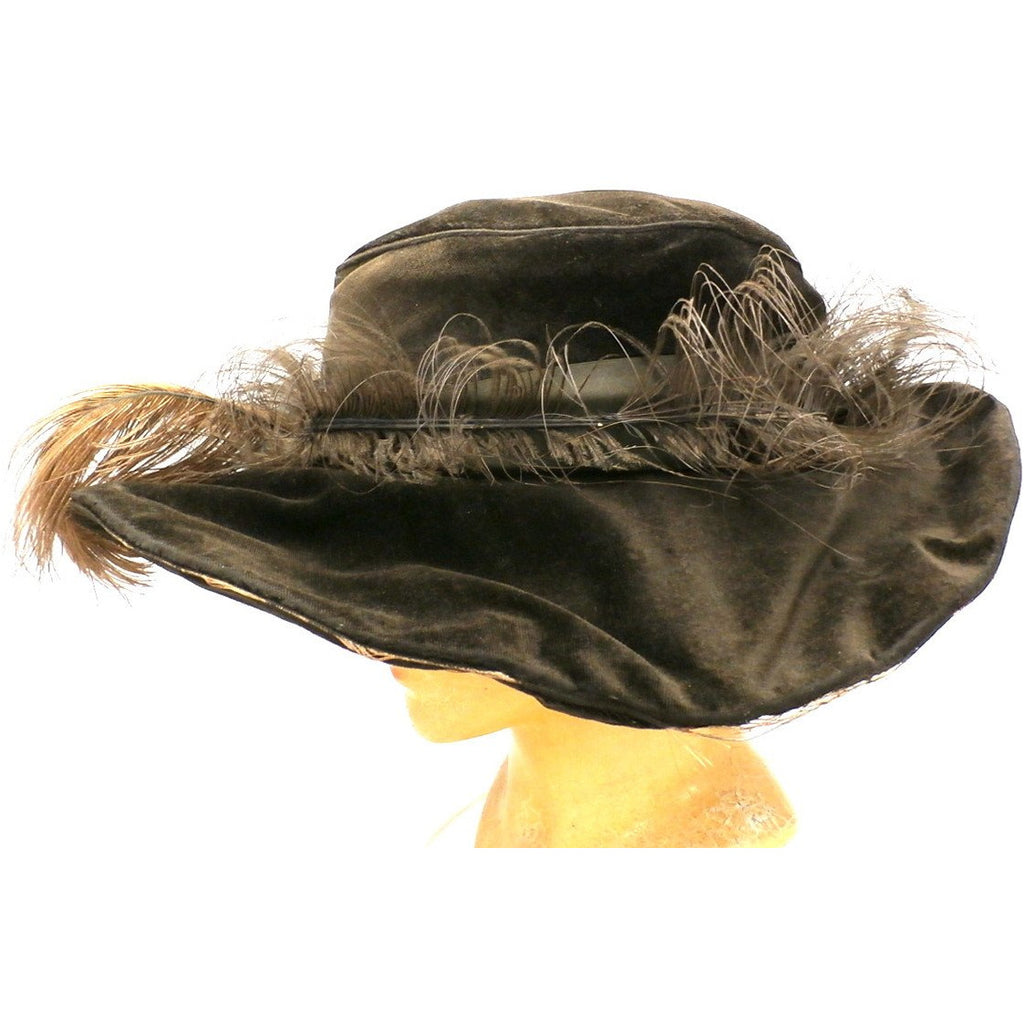 Antique Victorian Wide Brim Hat Feathers Brown Velvet Large Ruth E. Miller Hats,New Arrivals The Best Vintage Clothing