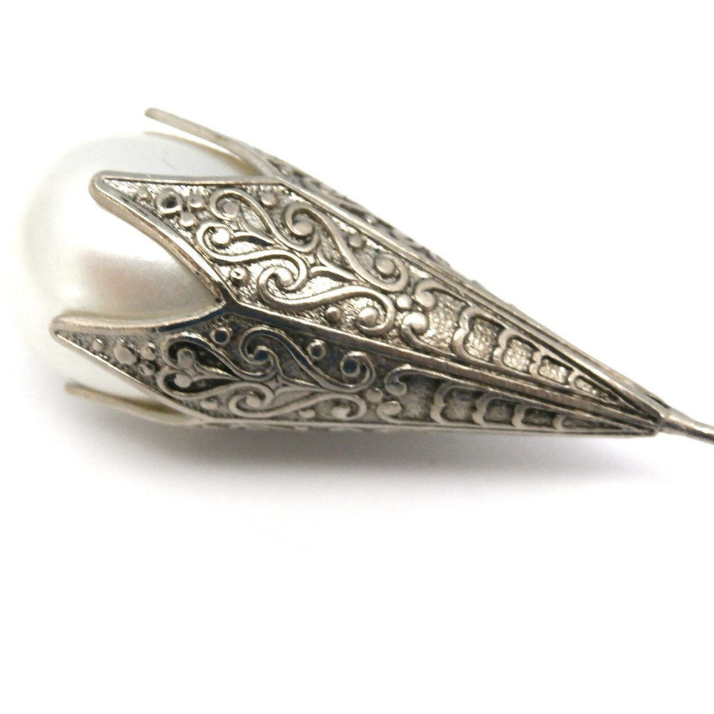 Vintage Hat Pin Large Glass Pearl Engraved Silver 1920s New Arrivals,Hats vendor-unknown