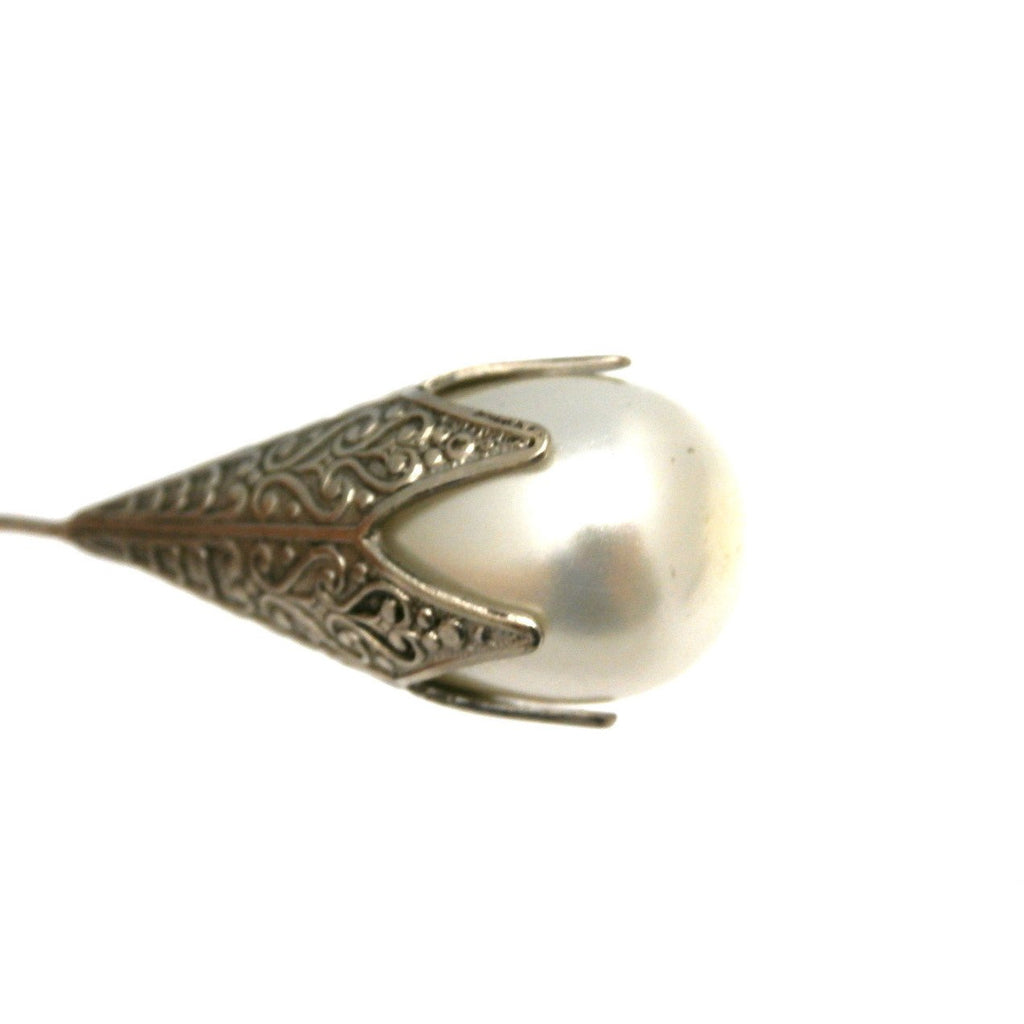 Vintage Hat Pin Large Glass Pearl Engraved Silver 1920s New Arrivals,Hats vendor-unknown