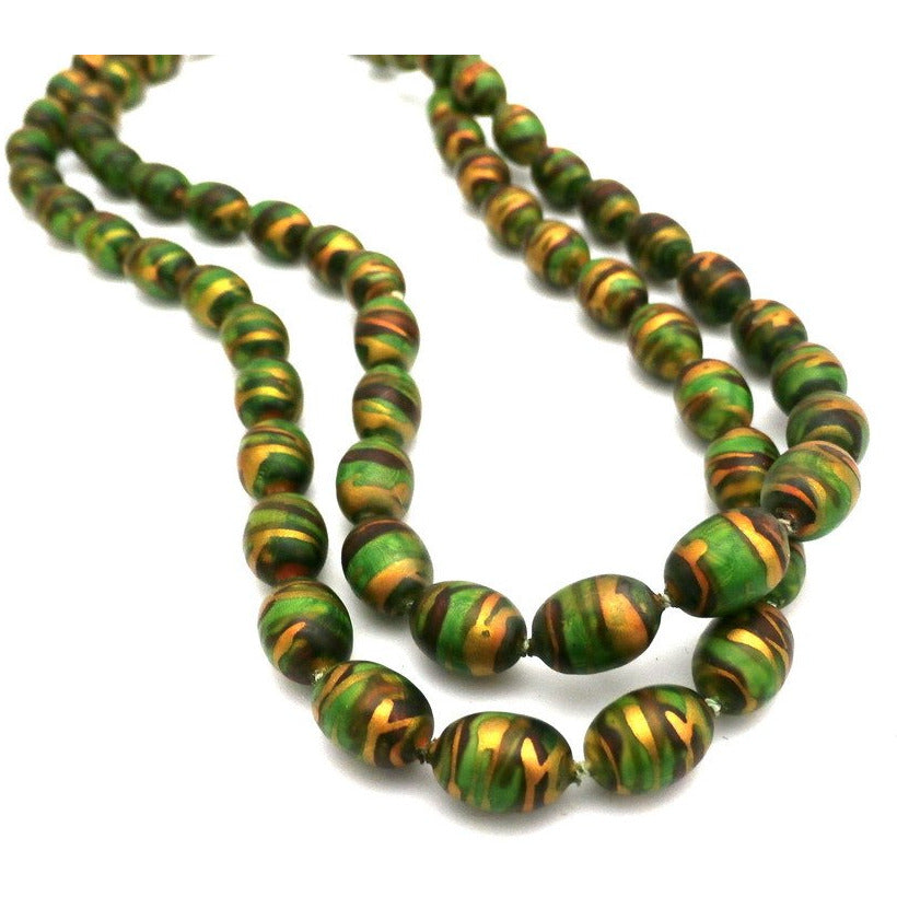 Retro 1920s Beads 35" Long Vintage Necklace Paper Mache Beads Green,Copper and Gold Jewelry The Best Vintage Clothing