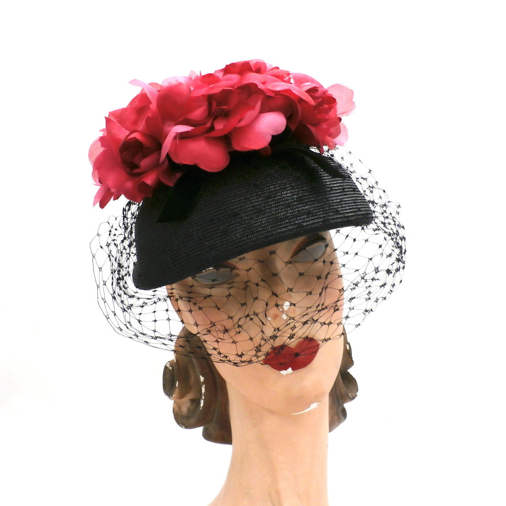 Vintage Ladies Bucket Hat Black Straw w/ Red Silk Flower Crown 1940s Hats,New Arrivals The Best Vintage Clothing