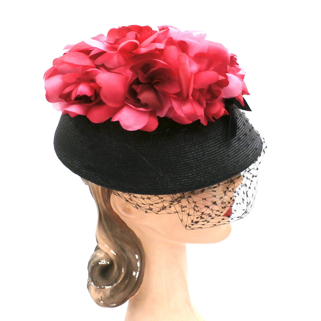 Vintage Ladies Bucket Hat Black Straw w/ Red Silk Flower Crown 1940s Hats,New Arrivals The Best Vintage Clothing