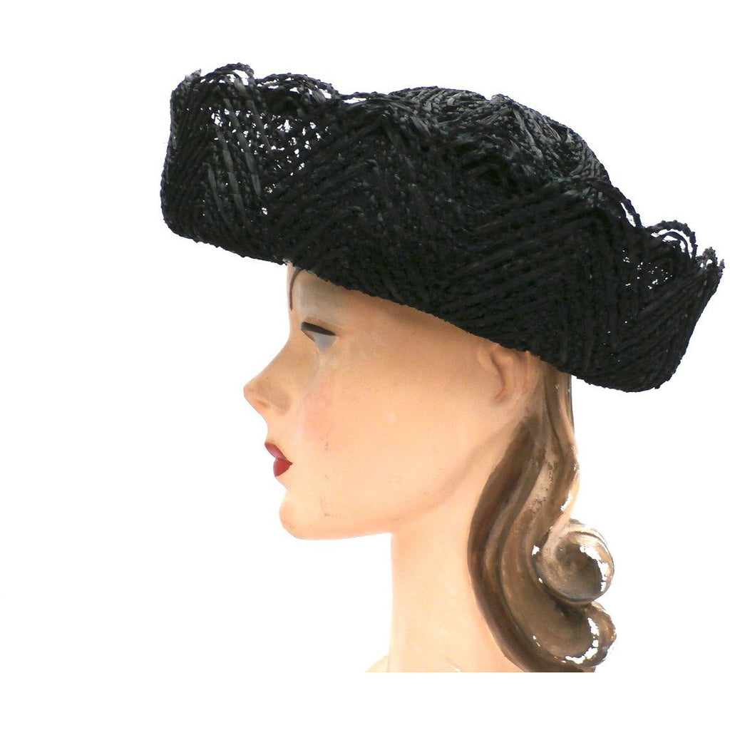 Vintage Ladies Black Cellophane Lace Straw Brimmed Hat 1960s Hats,New Arrivals The Best Vintage Clothing