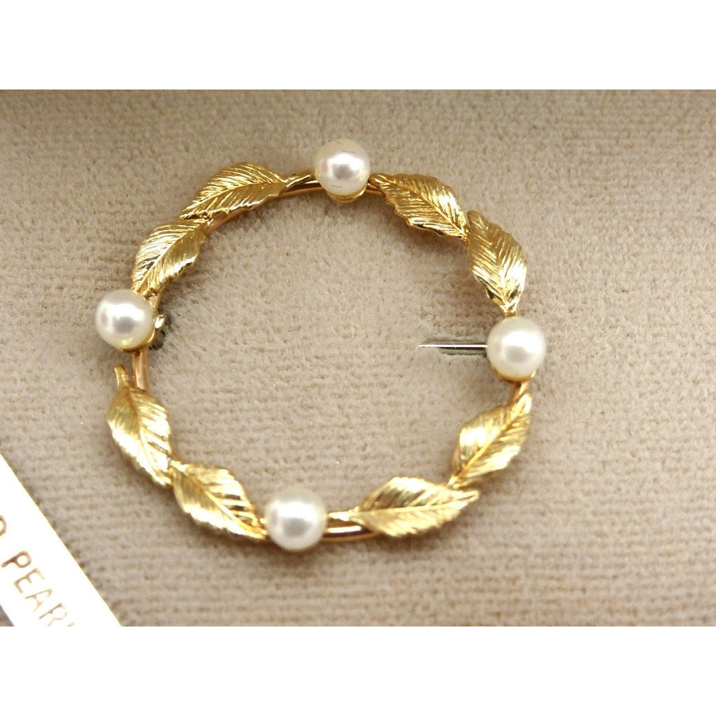 Vintage Krementz 14K Gold Overlay & Genuine Pearls Brooch In Box 1960s Jewelry Krementz