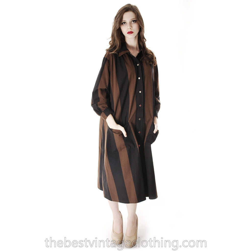 Vintage Vuokko Suomi Cotton Shirt/Tent Dress Coat 1970s Black & Brown Bold Stripes M marimekko The Best Vintage Clothing