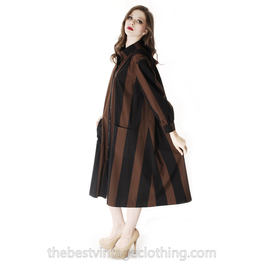 Vintage Vuokko Suomi Cotton Shirt/Tent Dress Coat 1970s Black & Brown Bold Stripes M marimekko The Best Vintage Clothing