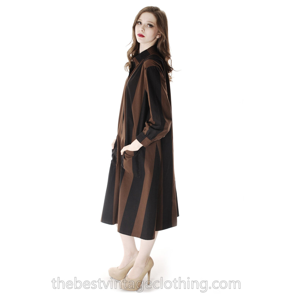Vintage Vuokko Suomi Cotton Shirt/Tent Dress Coat 1970s Black & Brown Bold Stripes M marimekko The Best Vintage Clothing