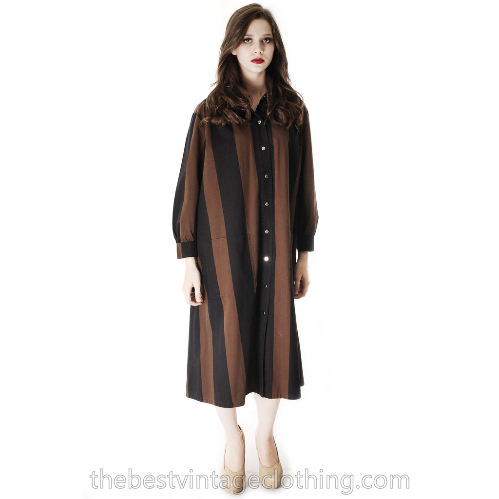 Vintage Vuokko Suomi Cotton Shirt/Tent Dress Coat 1970s Black & Brown Bold Stripes M marimekko The Best Vintage Clothing