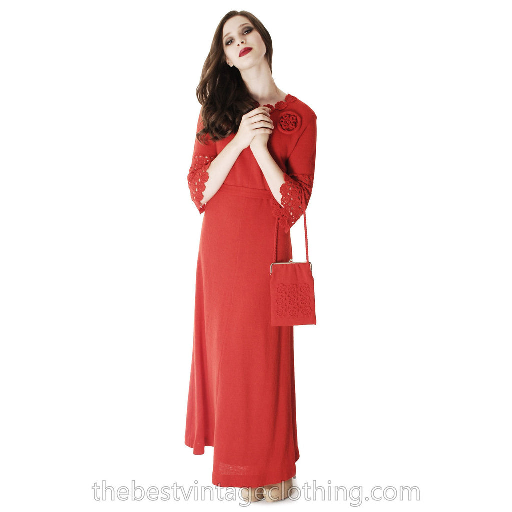 Vtg Finnish Red Wool Knitted Maxi Dress & Matching Bag 1970s Punainen Rukki The Best Vintage Clothing