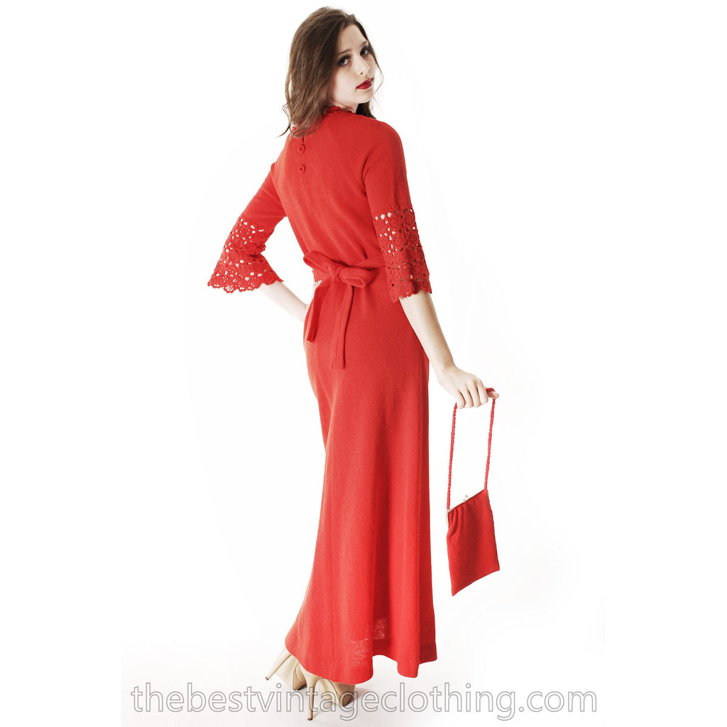 Vtg Finnish Red Wool Knitted Maxi Dress & Matching Bag 1970s Punainen Rukki The Best Vintage Clothing